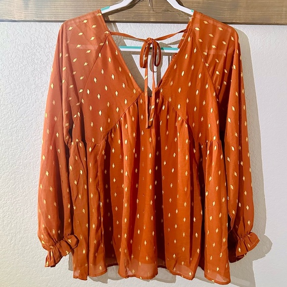 ENTRO Orange and Gold flowey V-neck blouse. Sheer.  NWT.  Size Small. - Picture 2 of 4